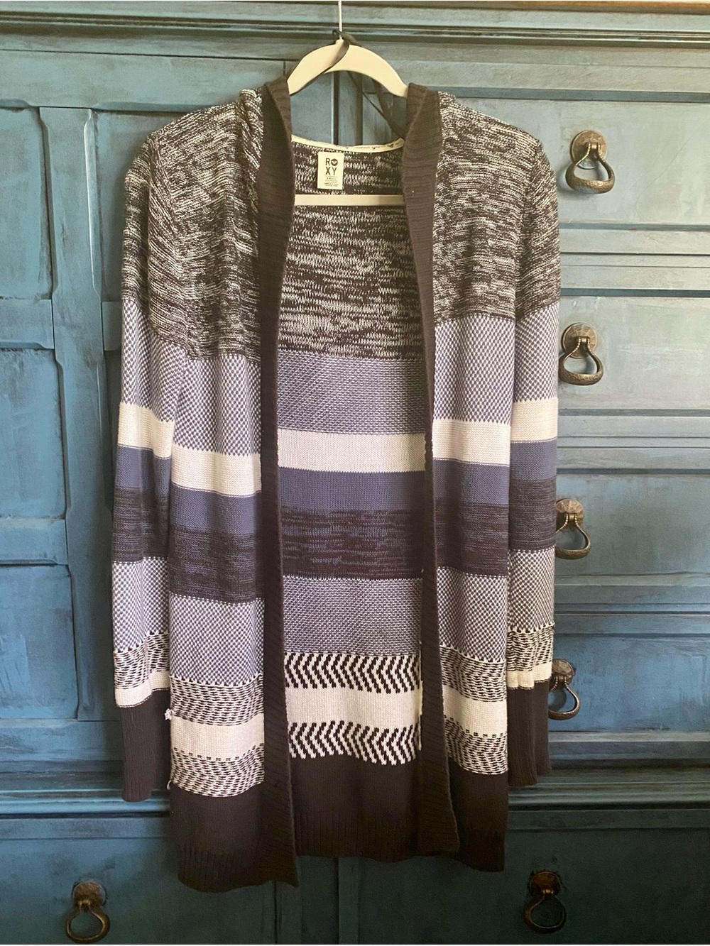 Hooded Roxy Striped Open-Front Cardigan in Blue, Black & White